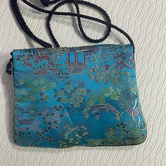Hand Made Teal Blue Pure Silk Embroidery Mini Cross-body Purse 8x6x.75" - Picture 4 of 9